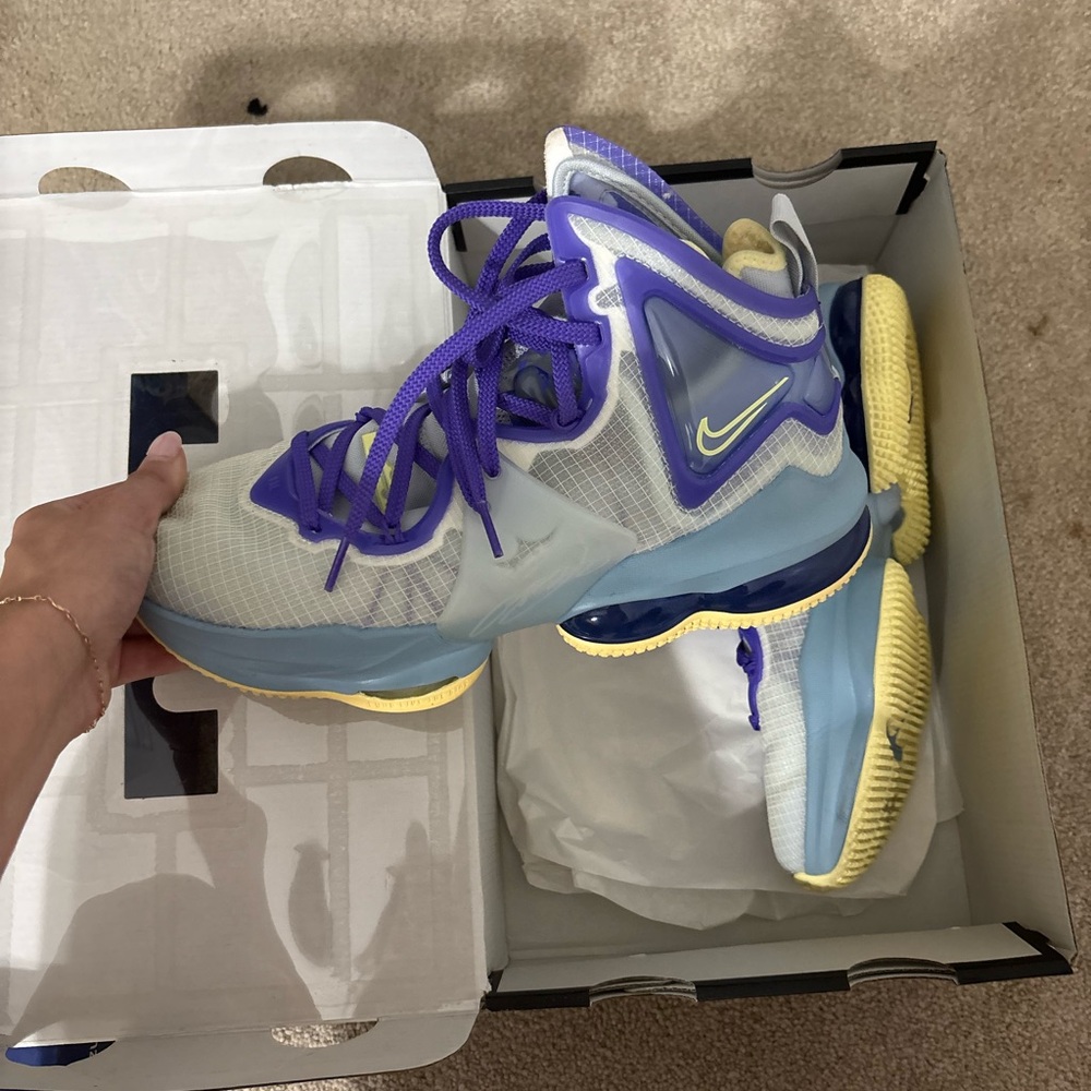 Nike Lebron 19 blue, purple, and yellow